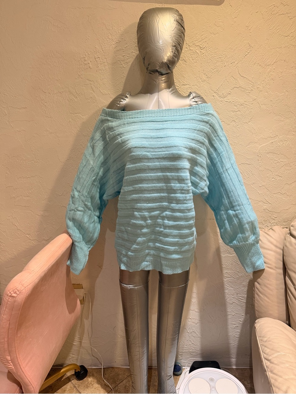 Light Blue Off-Shoulder Ribbed Women's Sweater